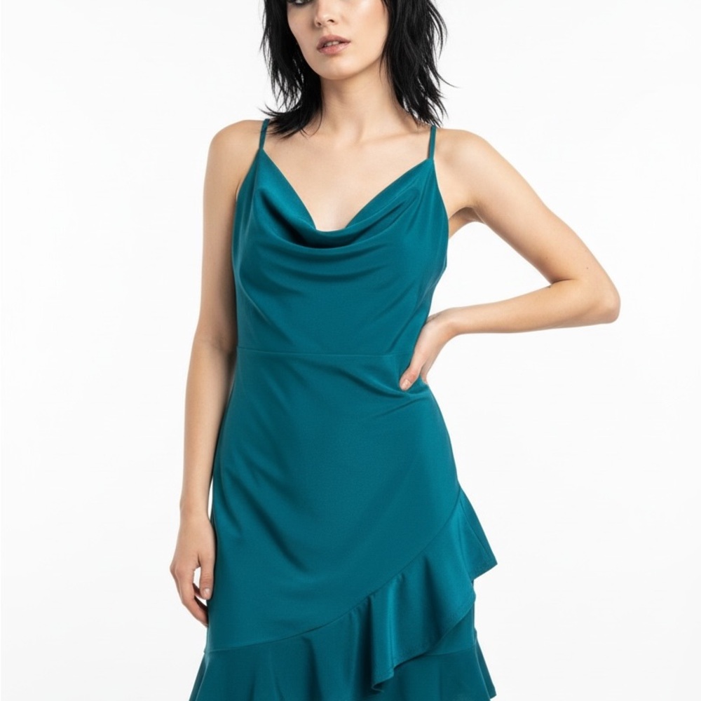 E.L.H. Studio Teal Cowl Neck‎ Strappy Back Ruffle Mini Dress Large